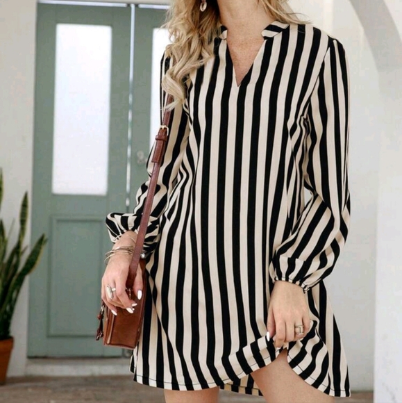 Striped Notched Neck Tunic Dress - Picture 3 of 4